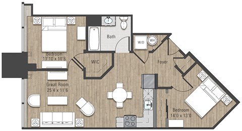 Floor plan for 2 beds, 1 bath, 800 sqft